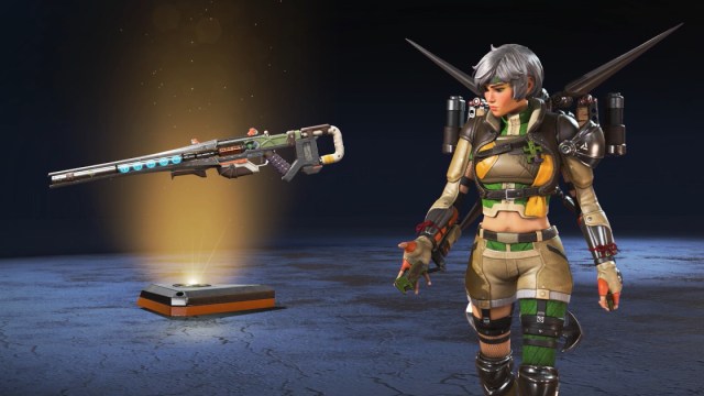 Valkyrie skin with short white hair, and a khaki, green, and yellow light suit, with matching Sentinel skin.