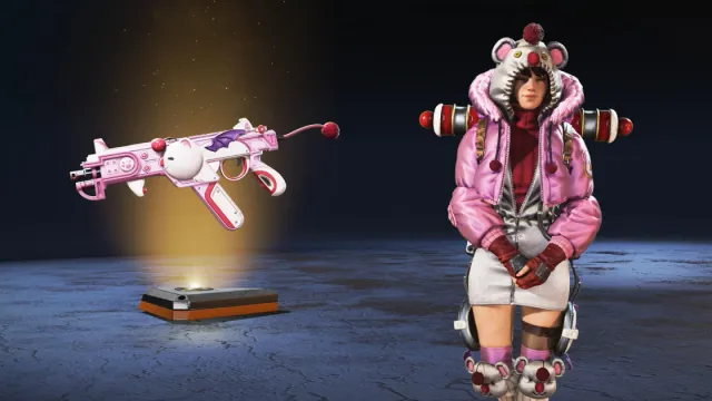 Wattson skin with pink jacket, white dress, and a hoodie with ears and eyes up, next to matching R-99 skin.