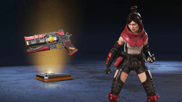 Wraith stands in a red cape, white tank top, and black shorts with suspenders next to matching Wingman skin.
