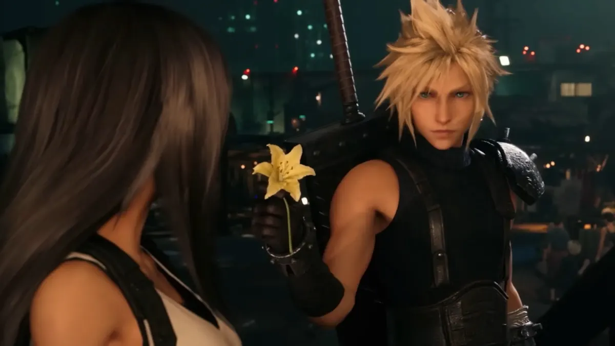Cloud givin the a yellow blossom to Tifa in Final Fantasy 7 Remake.