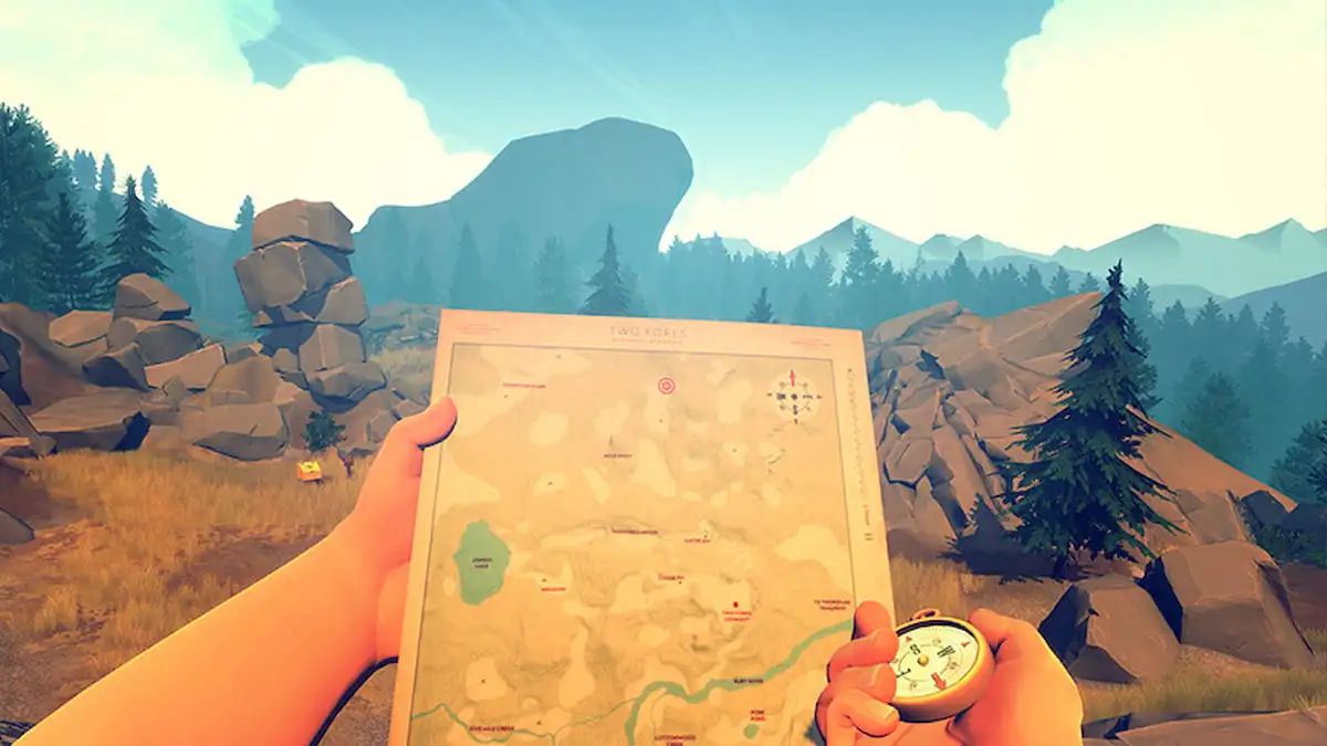 A player looks at a map with a compass.