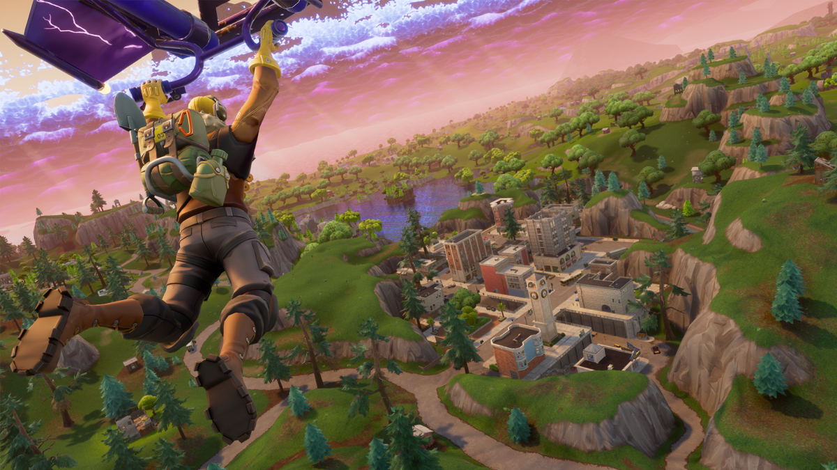 A player gliding in a Fortnite promotional image.