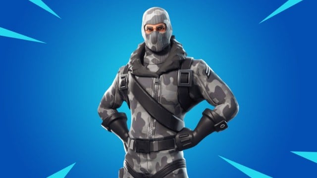 Fortnite skin wearing gray outfit and a gray mask