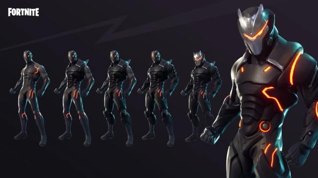 Black Fortnite skin with red lighting and carbon fiber armor