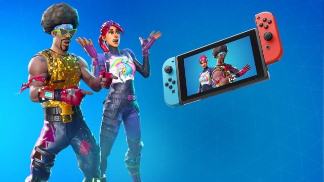 Two Fortnite characters next to a Nintendo Switch.