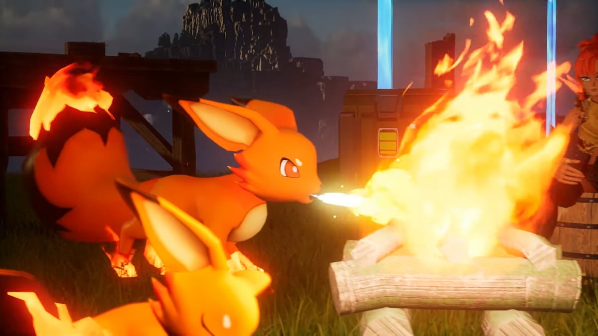 Foxparks blowing fire into a campfire in Palworld.