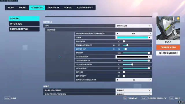 Recommended crosshair settings for Genji in Overwatch 2.