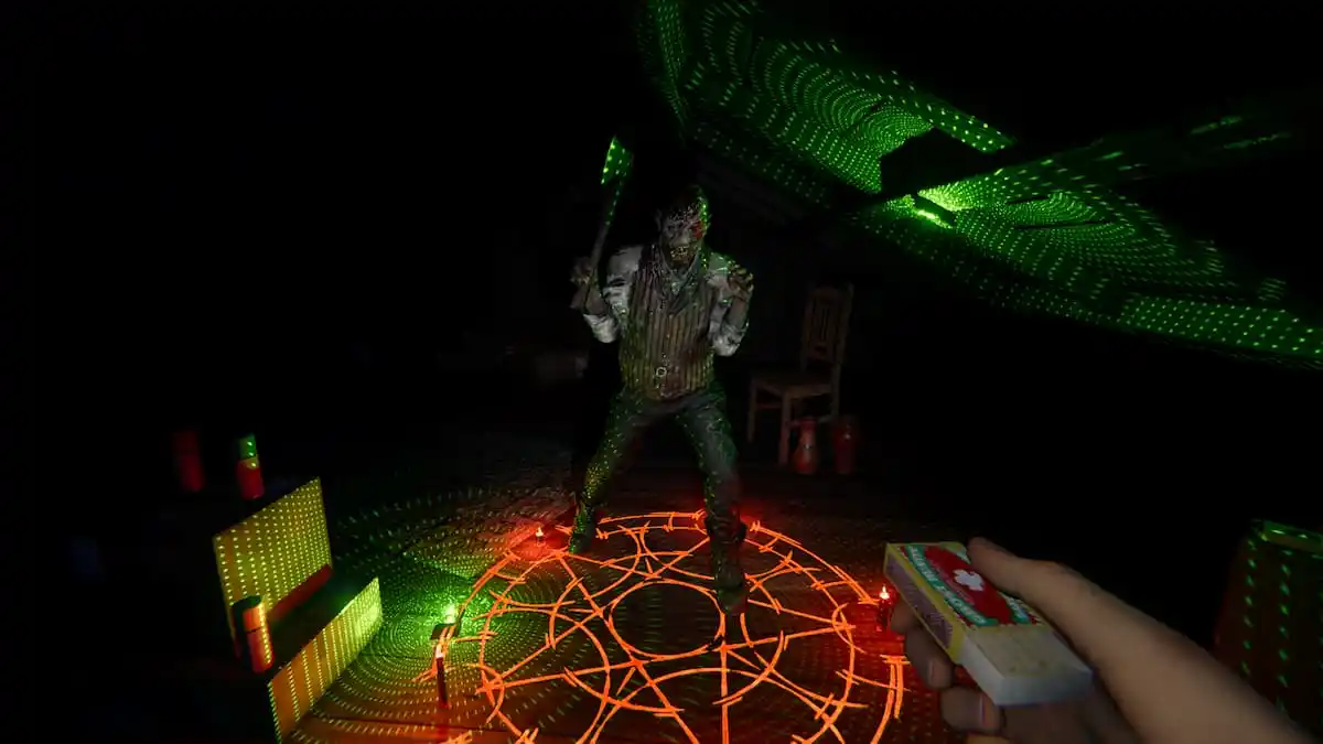 A ghost trapped in a Summoning Circle with the DOTS Projector also on them.