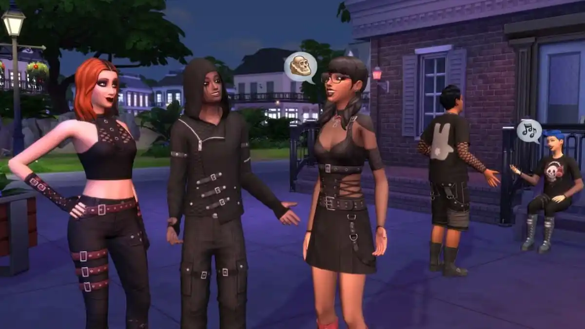 A group of Sims hanging out wearing the Goth Galore kit items.
