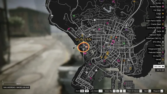 A screenshot from GTA 5's in-game map displaying the location of the Gun Van, marked by a red circle with a gun van icon on the bottom left of the map.