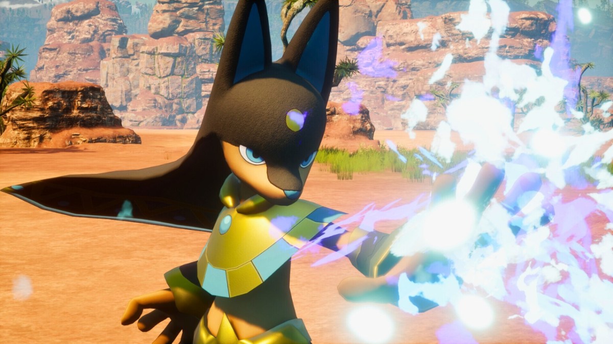 Anubis, a Pal in Palworld, blocks a blast of energy.