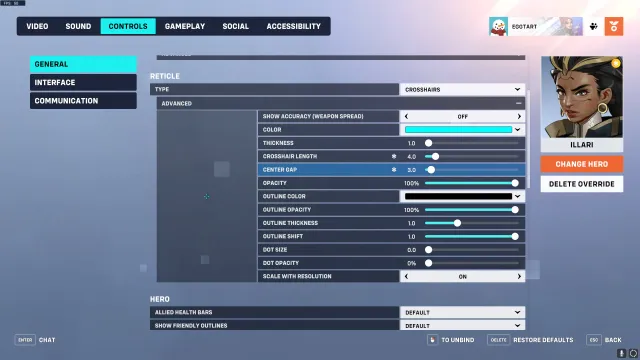 Recommended crosshair settings for Illari in Overwatch 2.