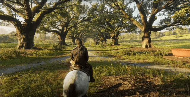 Arthur Morgan riding a horse under some trees