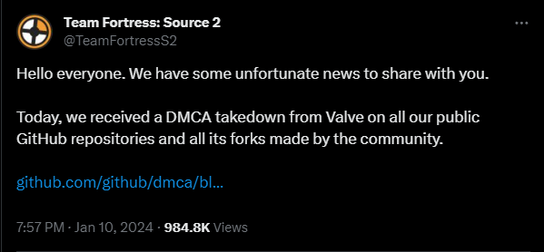 Team Fortress Source 2 tweet about their DMCA claim.