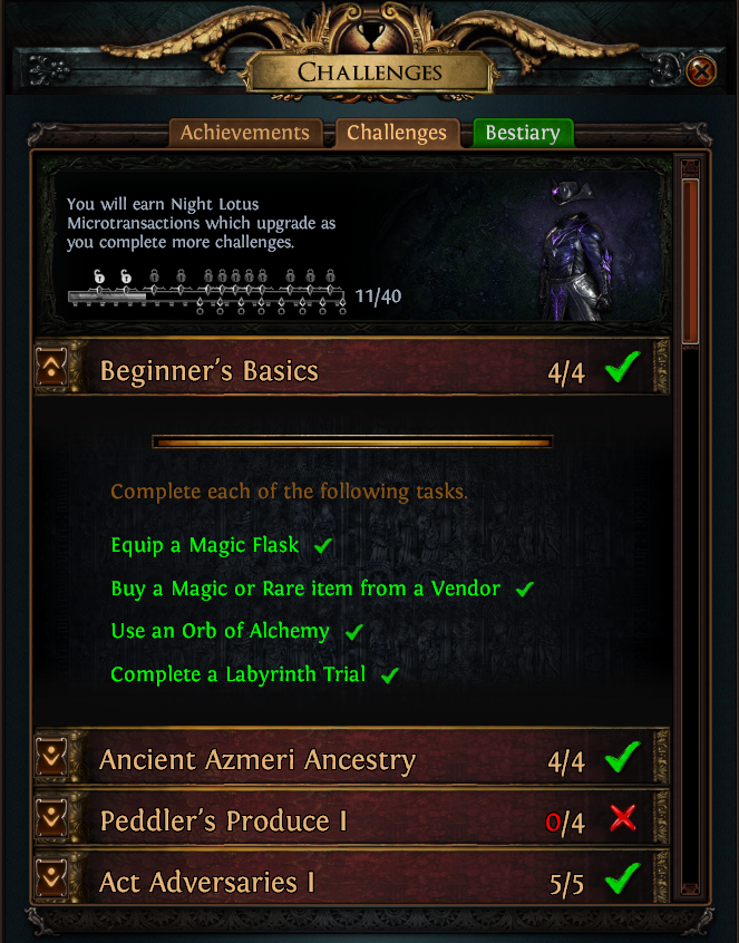 A screenshot of the Achievements and Challenges guide page in Path of Exile.