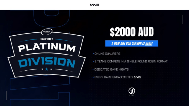 An image with information about the AEN Platinum Division, a CoD tournament in Oceania.