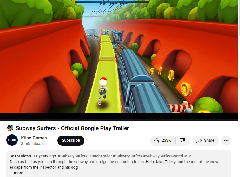 A YouTube video showing a character surfing on a rail.