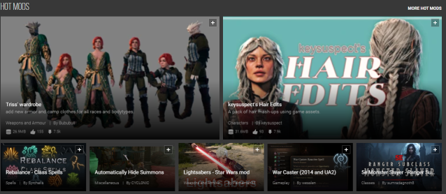 A website interface showing previews of mods.