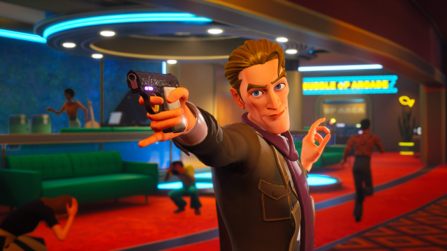 A character aims a gun at someone as citizens flee a casino in Deceive Inc.