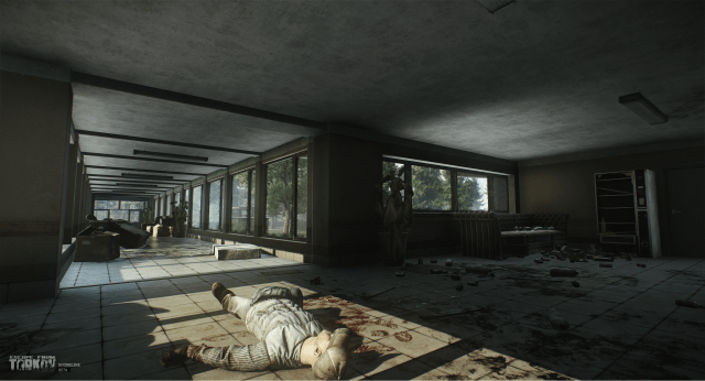 A character lying dead in a building in Escape from Tarkov.