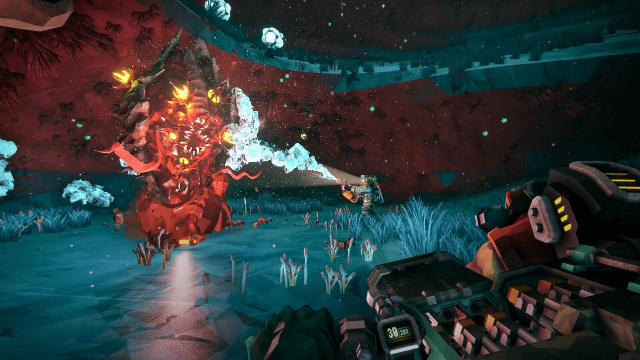 Players fighting a Lovecraftian horror in Deep Rock Galactic.
