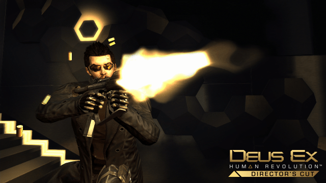 Jensen shooting a gun in Deus Ex Human Revolution.