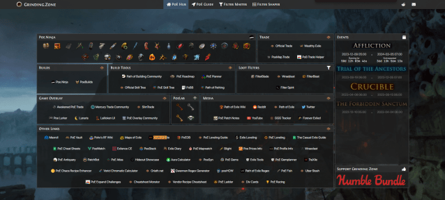 A screenshot of the grinding.zone tool page for PoE.
