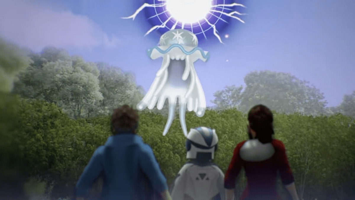 Three characters seen from the back who're looking at a Pokémon.