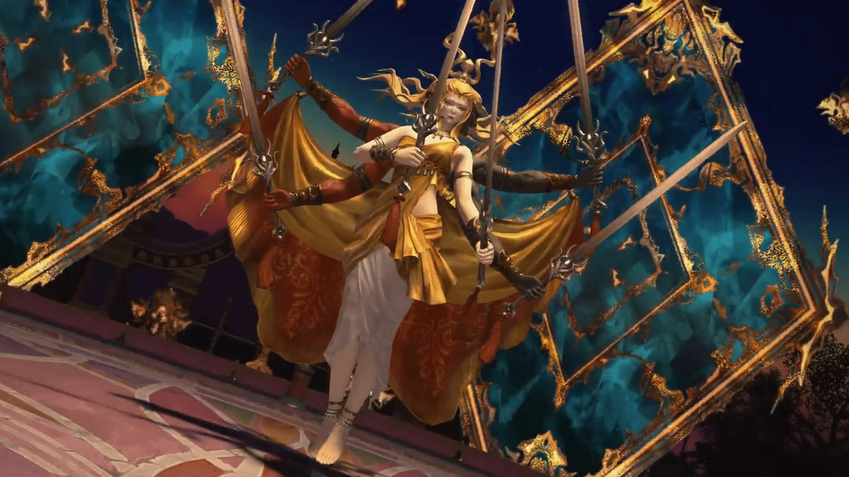 A gold-haired woman standing with six arms and swords.