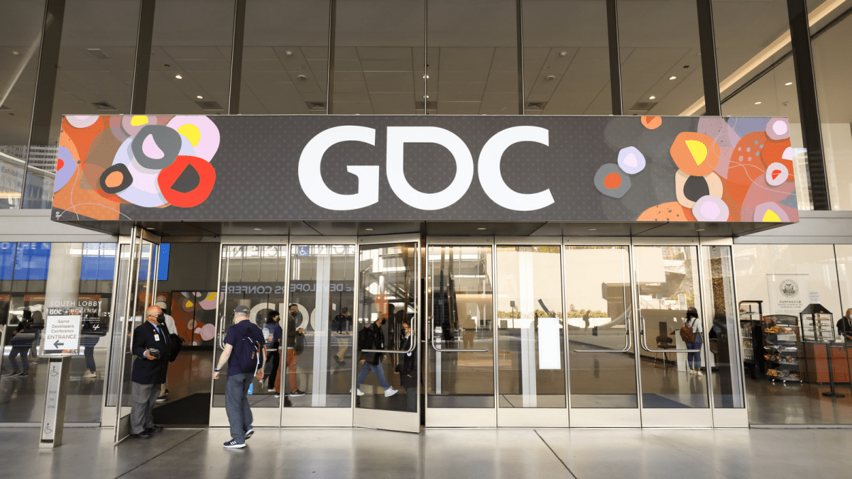 The outside of a building with the GDC banner.