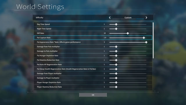 A screenshot of the Palworld custom server settings menu with the EXP adjust slider selected.