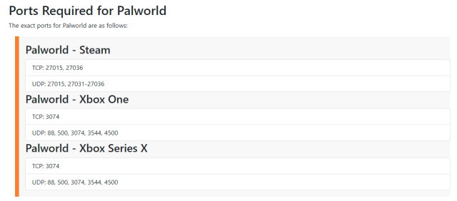 Screenshot of Ports Required for Palworld settings.