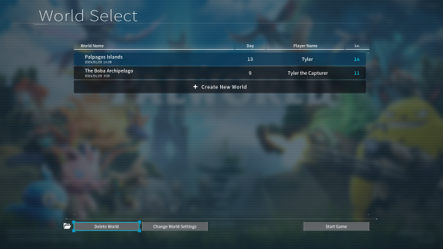 The World Select Screen in Palworld