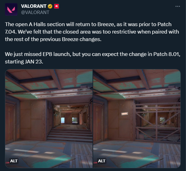 X screenshot of VALORANT announcement about Breeze changes.