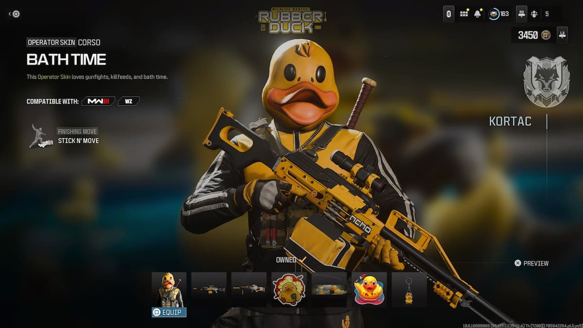 A screenshot of the MW3 rubber duck skin 'Bath Time.'