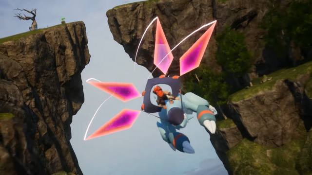 A character riding a flying Jetragon in Palworld.