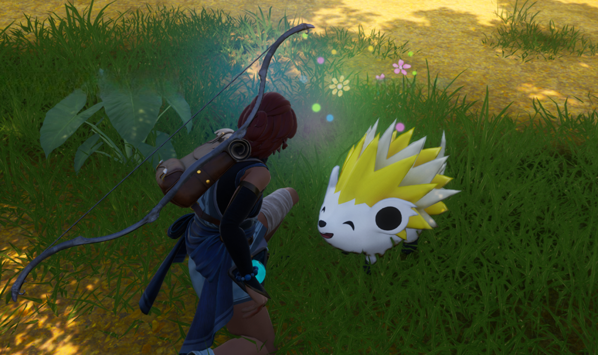 The player character pets Jolthog, a yellow hedgehog creature, from Palworld