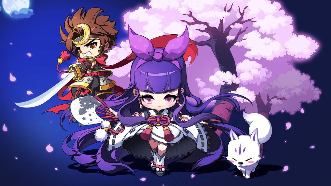 Kanna and Hayato from MapleStory with a cat and a cherry blossom tree in the background.