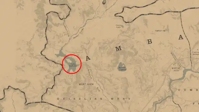 Lake Isabella circled on the RDR2 map