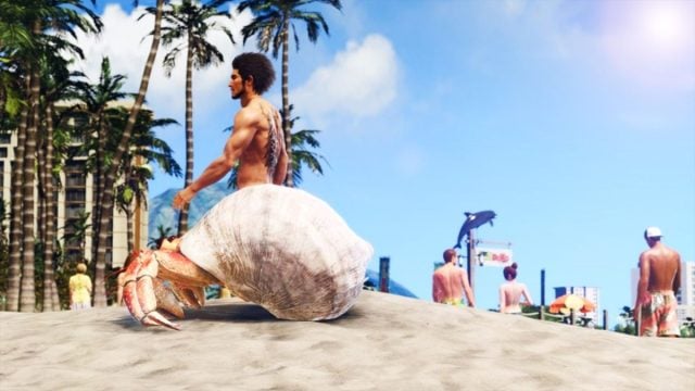 A player stands on a beach with a shell in the foreground in Like A Dragon: Infinite Wealth.