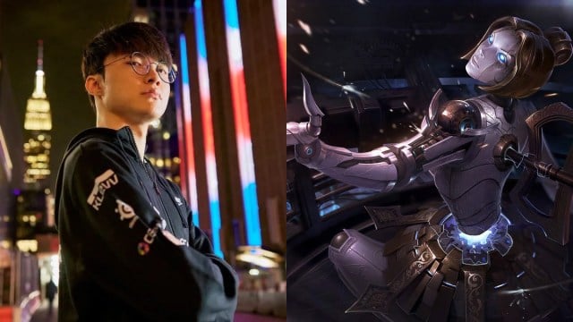 Faker (left) crosses his arms at Worlds 2023, while Orianna (right), a champion from League of Legends, beckons to him.