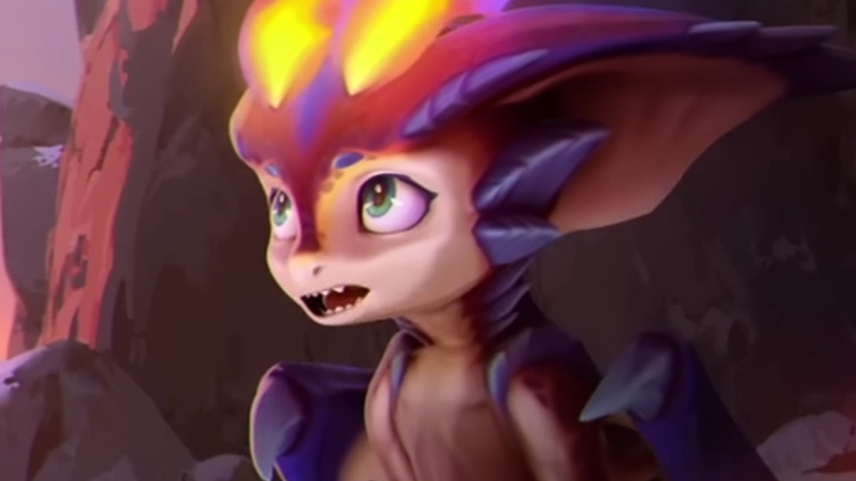 New League of Legends champion Smolder, a small cartoon dragon, looks confused at something we cannot see.