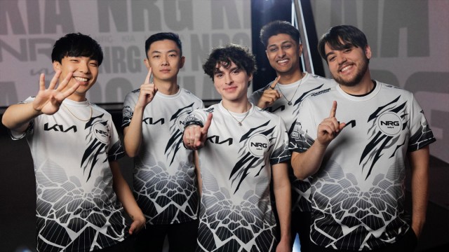 NRG, a League of Legends team, stands posing ahead of their LCS 2024 opening match.