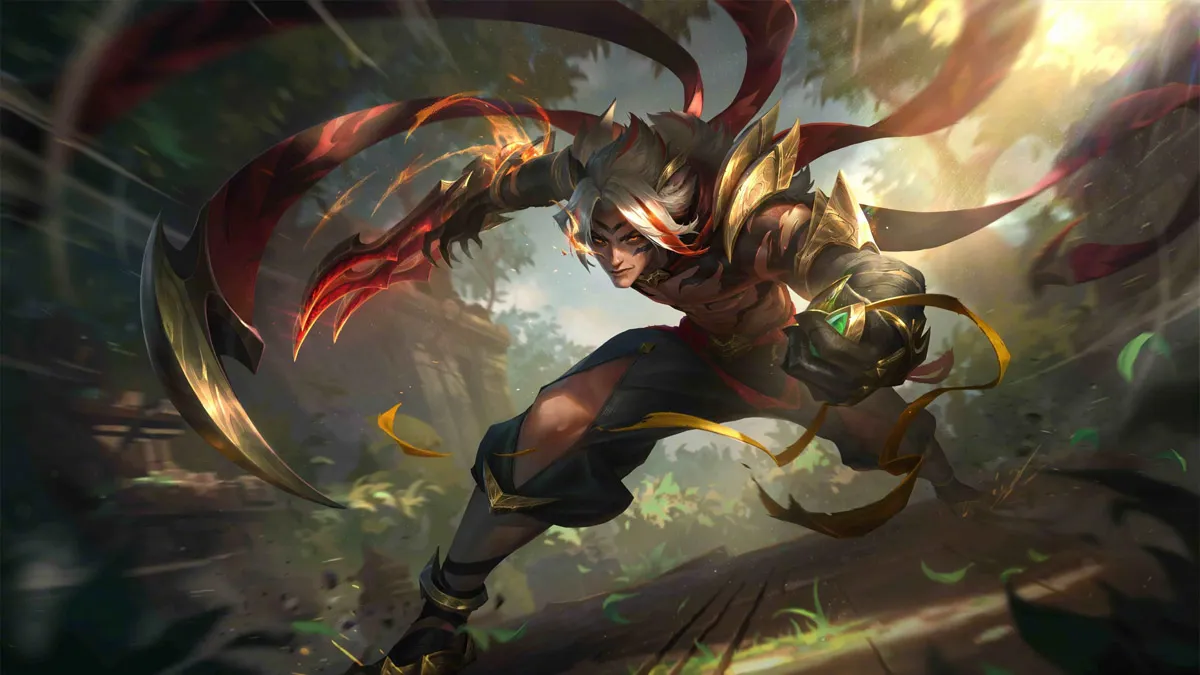 Talon, in his Primal Ambush skin, attacks an enemy with red blades in League of Legends.