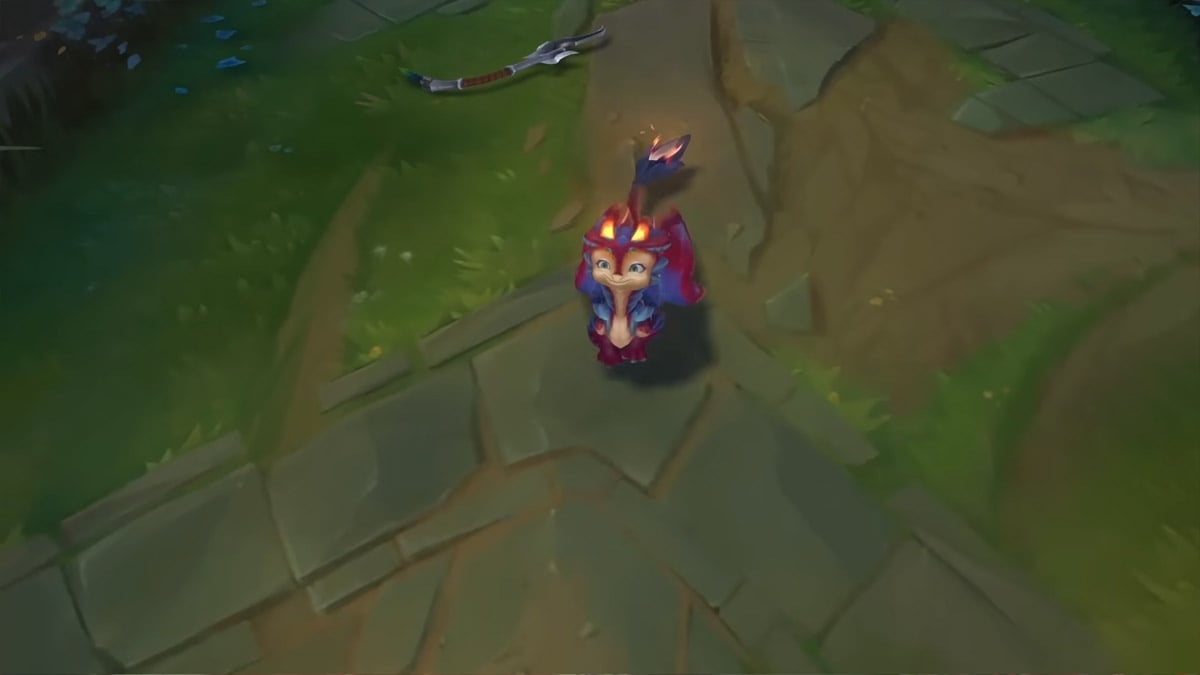 Smolder, a small dragon, prances around on the Rift in League of Legends.