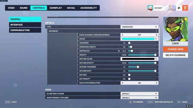 Recommended settings for a Lucio crosshair in Overwatch 2.