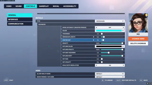 Recommended crosshair settings for Mei in Overwatch 2.