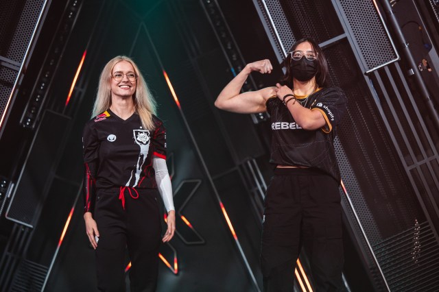 MeL and mimi posing on stage at VALORANT Game Changers Championship 2023