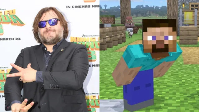 Jack Black (left), poses on the red carpet for Kung Fu Panda, while Steve from Minecraft (right), crouches in a village.