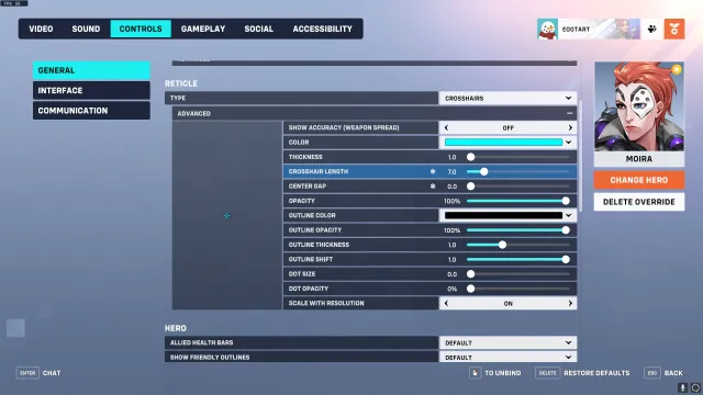 Recommended crosshair settings for Moira in Overwatch 2.
